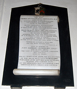 Internal memorial to Thomas Shuttleworth Grimshawe April 2012